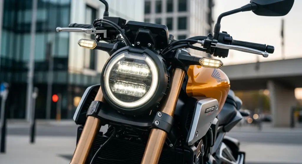 lose-up of Honda CB750 Hornet LED headlight and tank showing its aggressive design