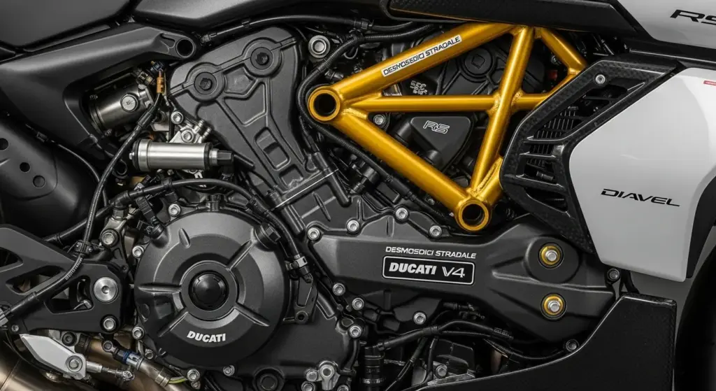 Front view of the 2025 Ducati Diavel V4 RS in red and black, showcasing its carbon fiber body and muscular stance on an open highway at sunset