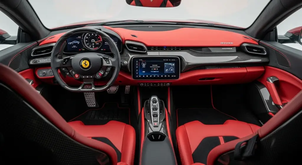 Ferrari Elettrica 2026 interior with digital cockpit and red leather seats