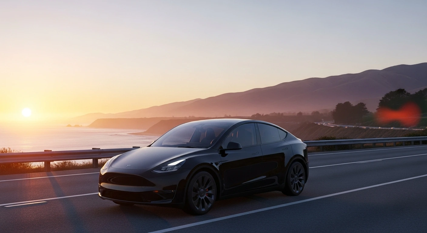 Front-angle view of the 2025 Tesla Model Y Standard parked on a California highway at sunrise