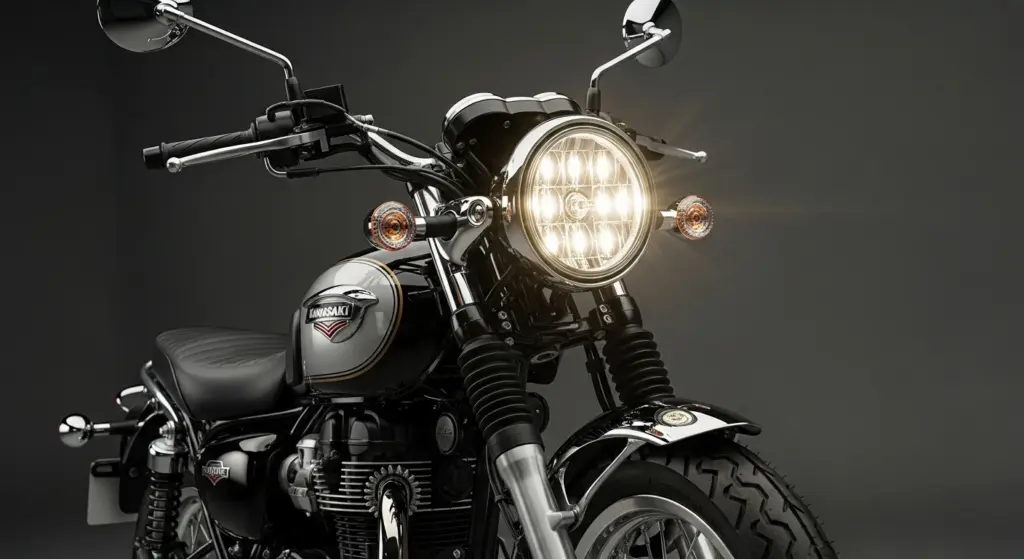 Front view close-up of Kawasaki W230 showing headlight and chrome details.