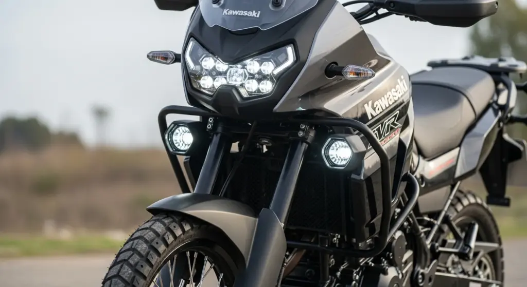 Front view of 2025 Kawasaki KLE showing LED headlights and rugged dual-sport design