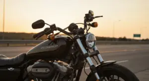 Harley-Davidson Sportster S recall image showing front triple clamp and styling at sunset on U.S. highway.