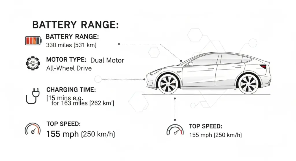 Infographic showing key specifications of the 2025 Tesla Affordable Model y
