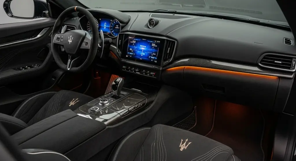 Interior of the 2026 Maserati MCPura showing Alcantara seats, carbon fiber details, and digital displays