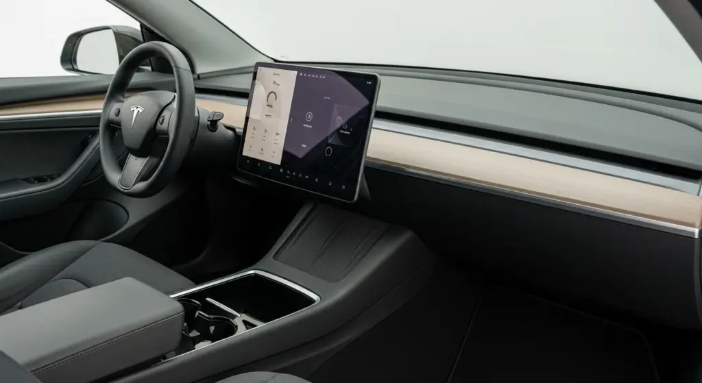 Interior view of Tesla Model Y Standard with fabric seats and compact center display
