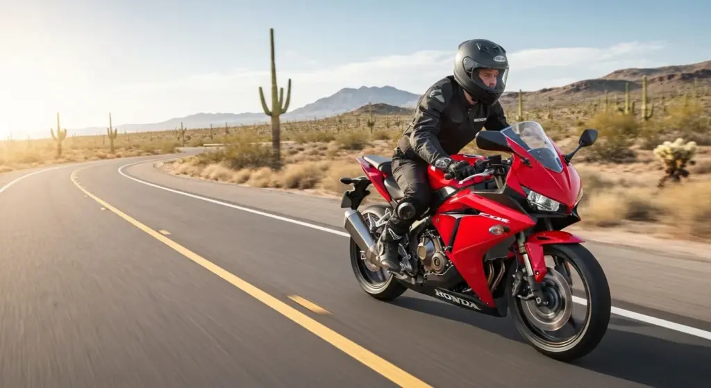 Rider cornering a 2026 Honda CBR500R Four on a desert highway