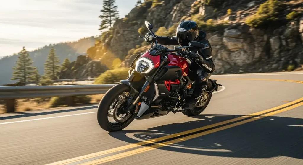 Rider leaning through a curve on the Ducati Diavel V4 RS on a California mountain highway, emphasizing agility and power.