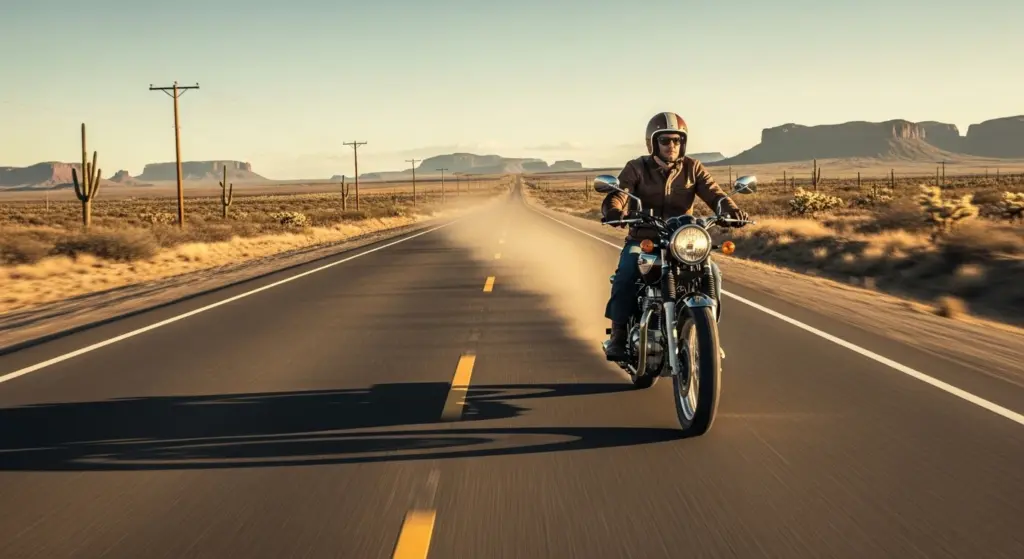 Rider on a 2026 Kawasaki W230 enjoying a ride through Route 66 desert highway