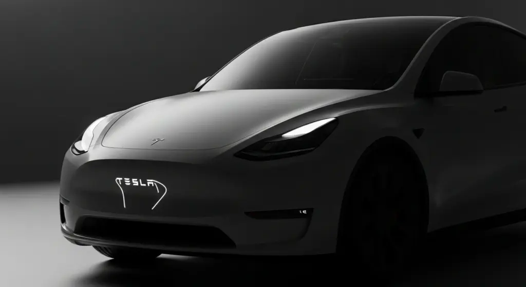 Teaser image of the upcoming 2025 Tesla Affordable Model Y showing its sleek new front design