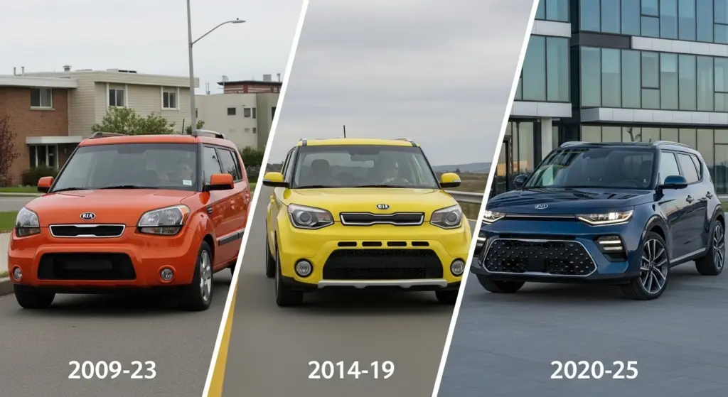Visual timeline showing the evolution of the Kia Soul design from 2009 to 2025.