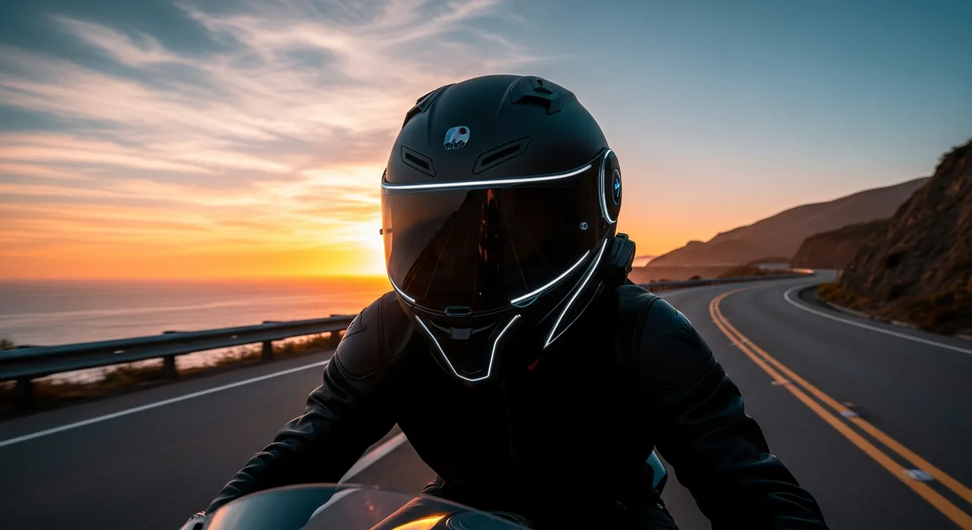 A scenic highway shot of a rider wearing a futuristic Bluetooth helmet, sunrise glow on the horizon.708Z